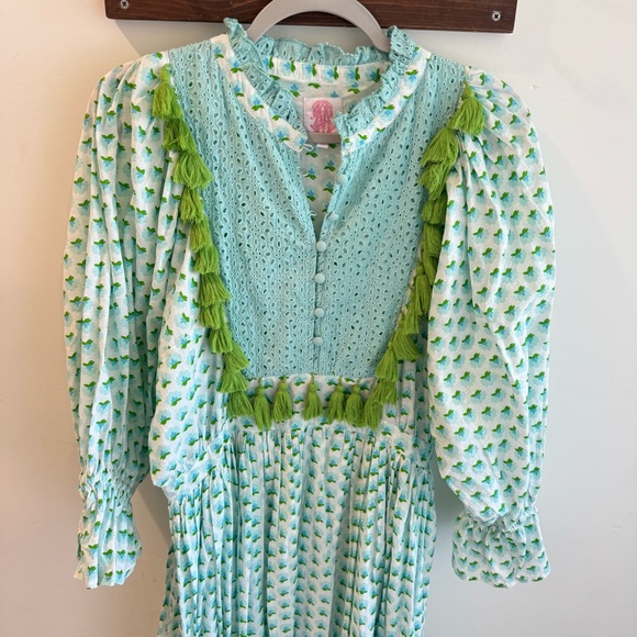 Elizabeth Wilson‎ Tassel Trim Puff Sleeve Midi Dress Blue Green Large - Picture 2 of 6